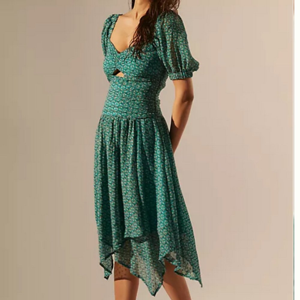 Anthropologie 10 NWT Green Floral Puff Sleeved Cut-Out Midi Dress - Picture 2 of 9